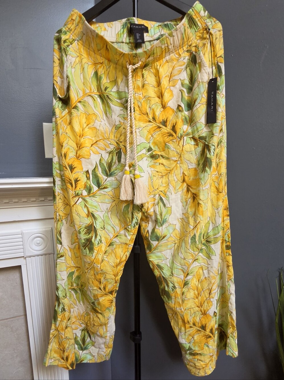 NWT Yellow and Green Floral Drawstring, Wide Leg, Linen, Ankle Pants- Size Large